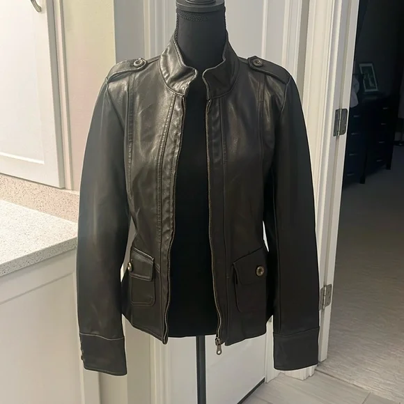 Frida G Leather Look Motorcycle coat with button detail - Picture 1 of 8